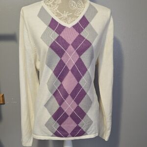 Croft & Barrow Cream and Purple Argyle V-Neck Sweater